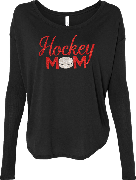 Hockey Mom Red Glitter Ladies Flowy Long Sleeve Tee