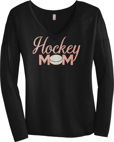 Hockey Mom Rose Gold Glitter Ladies Drapey Long Sleeve Tee