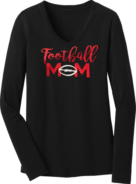 Football Mom Glitter Ladies Long Sleeve V-Neck Tee