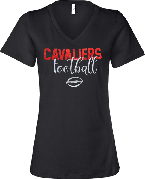 Cavaliers Football Glitter Ladies V-Neck T-Shirt