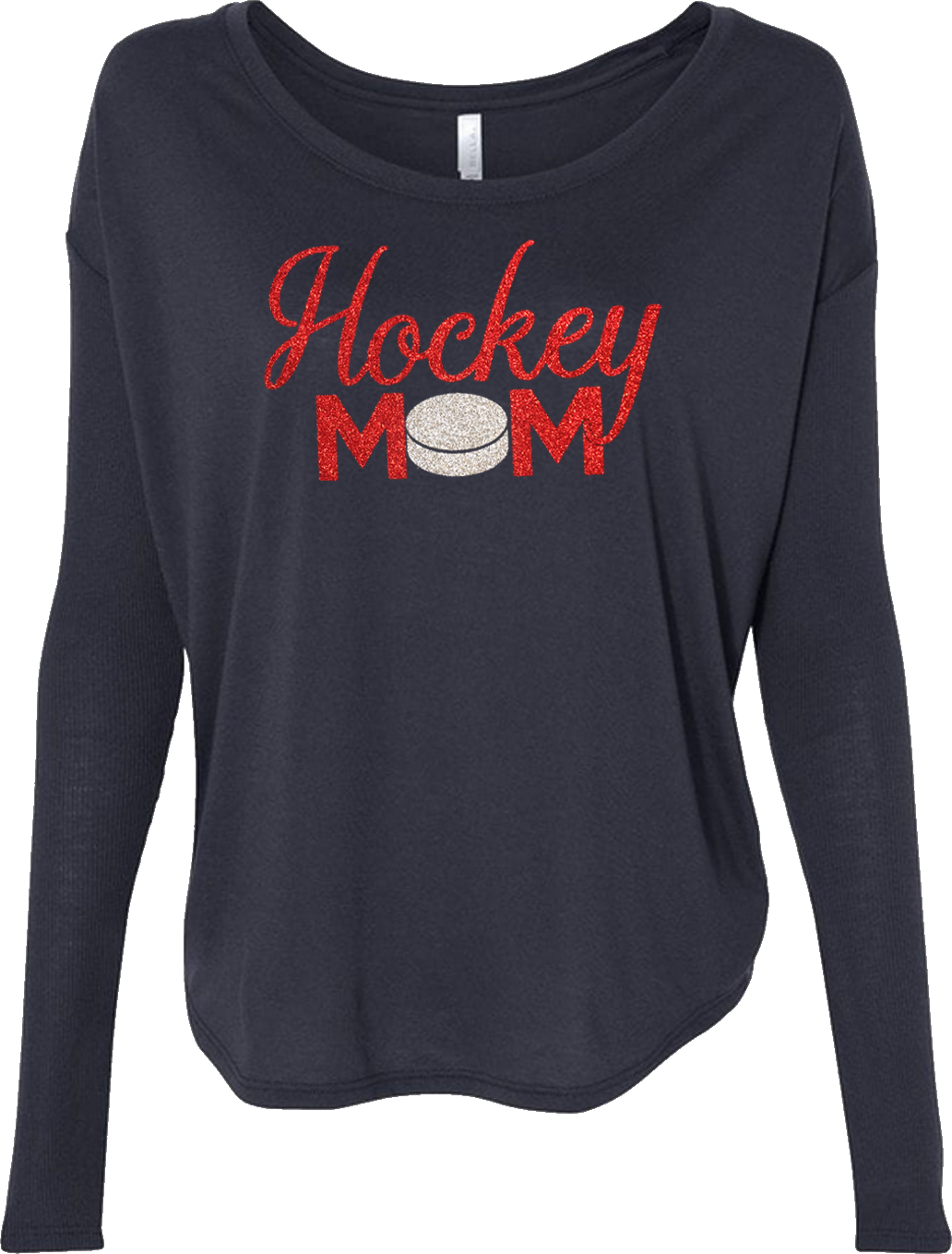 Hockey Mom Red Glitter Ladies Flowy Long Sleeve Tee