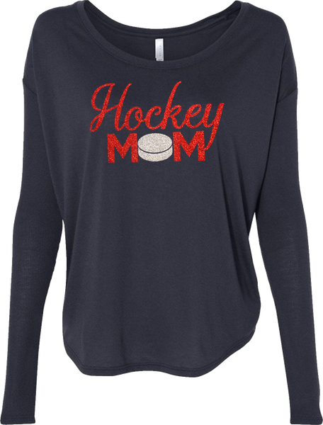 Hockey Mom Red Glitter Ladies Flowy Long Sleeve Tee