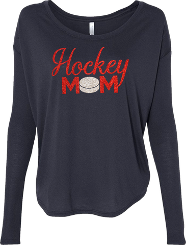Hockey Mom Red Glitter Ladies Flowy Long Sleeve Tee